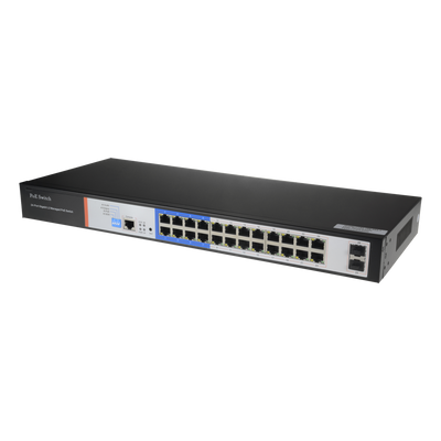 Switch PoE - 24 porte PoE + 2 Gigabit SFP - Velocità 10/100/1000 Mbps - 46 W per porta 802.3af/at / Massimo 250W - VLAN/STP/RSTP/MSTP/ACL/QoS/802.1X - LACP/Static LAG/DHCP Snooping/IGMP Snooping