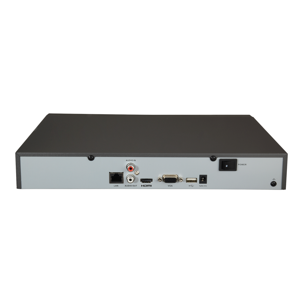 NVR per videocamere IP - 4 CH video / Compressione H.265+ - Risoluzione massima 8.0 Mp - Larghezza di banda 40 Mbps - Uscita HDMI 4K e VGA - Ammette 1 hard disk
