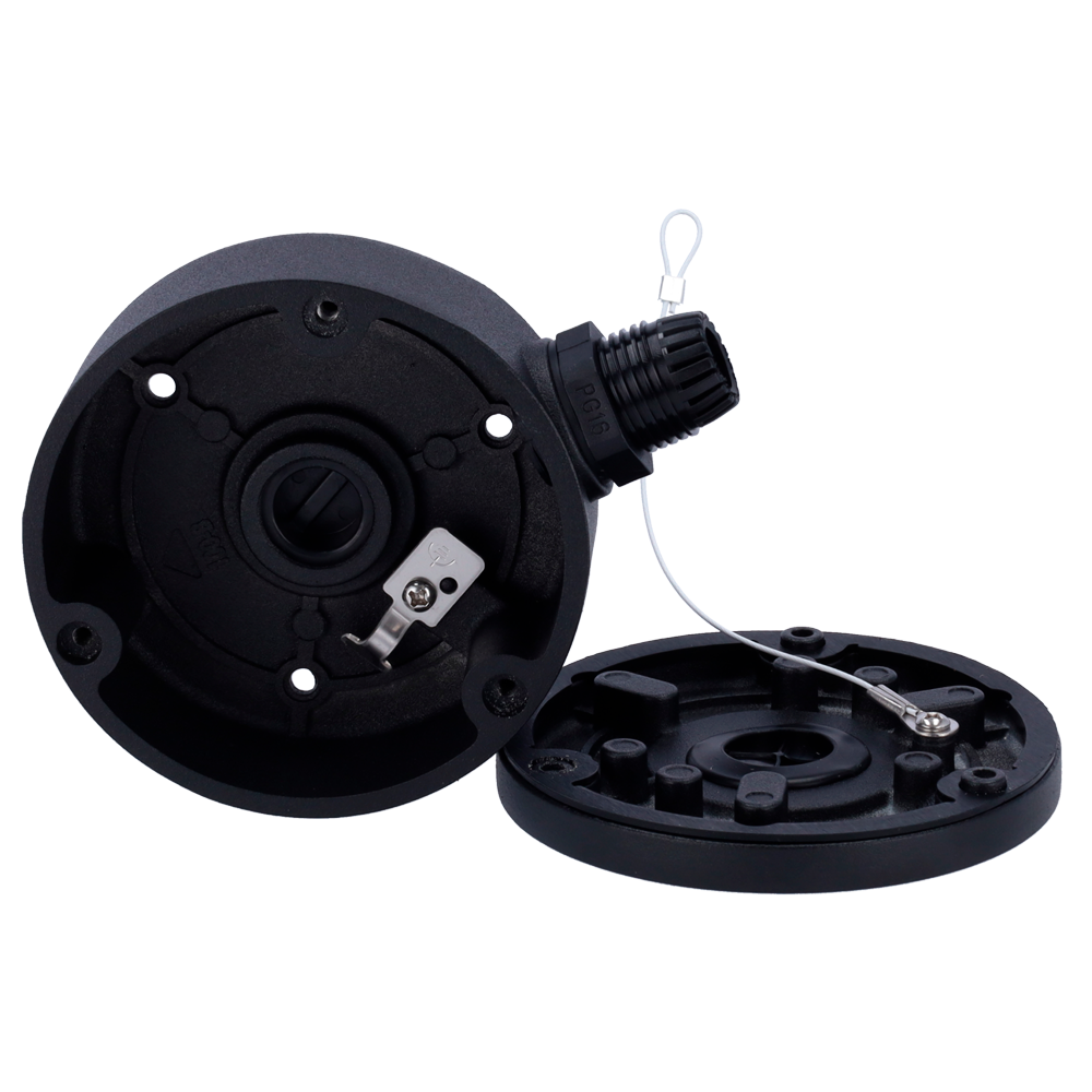 Scatola di giunzione - Per telecamere dome o bullet - Installazione a tetto o parete - Per esterni - Colore nero - Passacavo