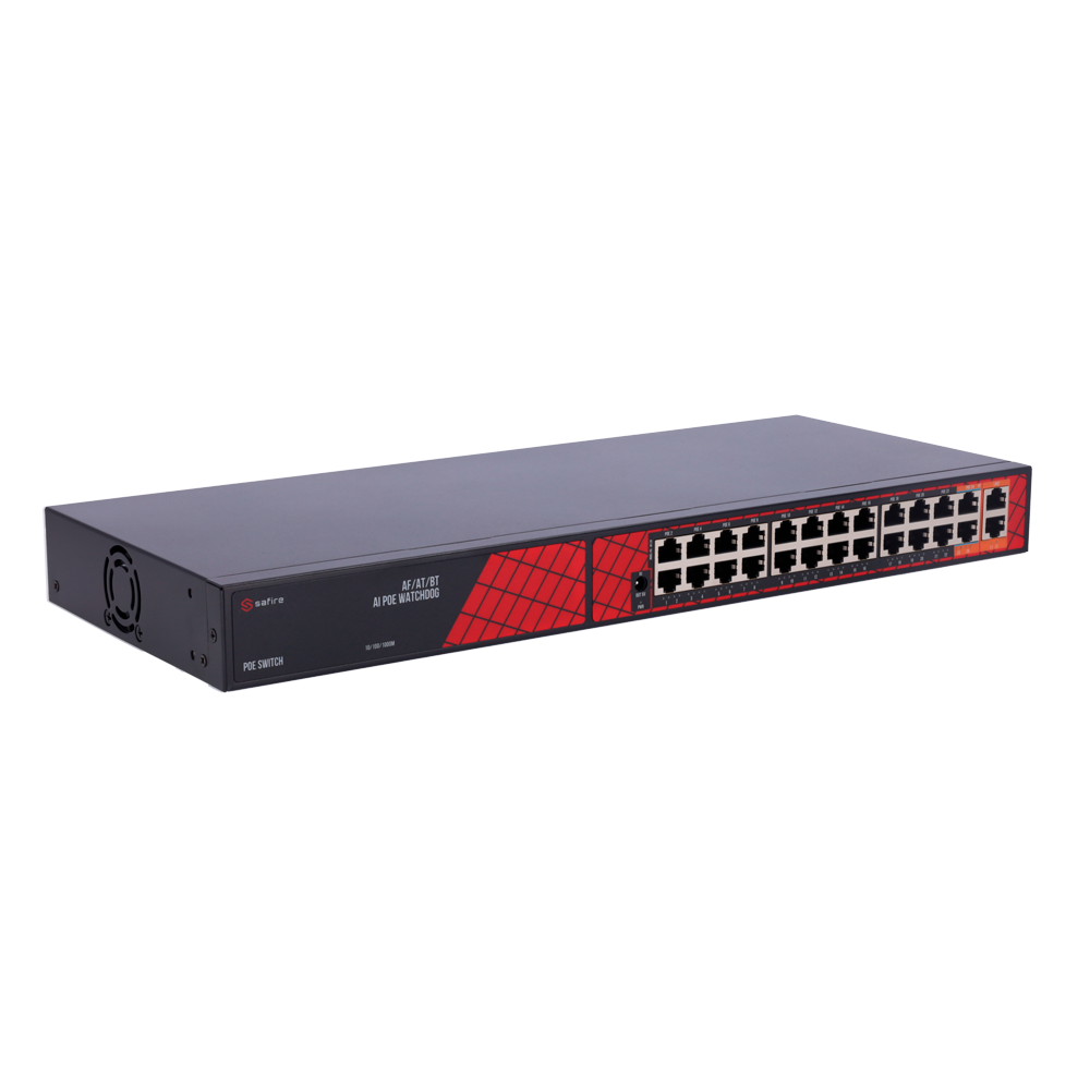 Safire Switch Hi-PoE - 24 Puertos PoE + 2 Uplink RJ45 - Hibrido 22x10/100Mbps + 4x10/100/1000Mbps - 22 Puertos PoE+ 30W + 2 Puertos Hi-PoE 60W - PoE Watchdog - Hasta 300W Potencia PoE total