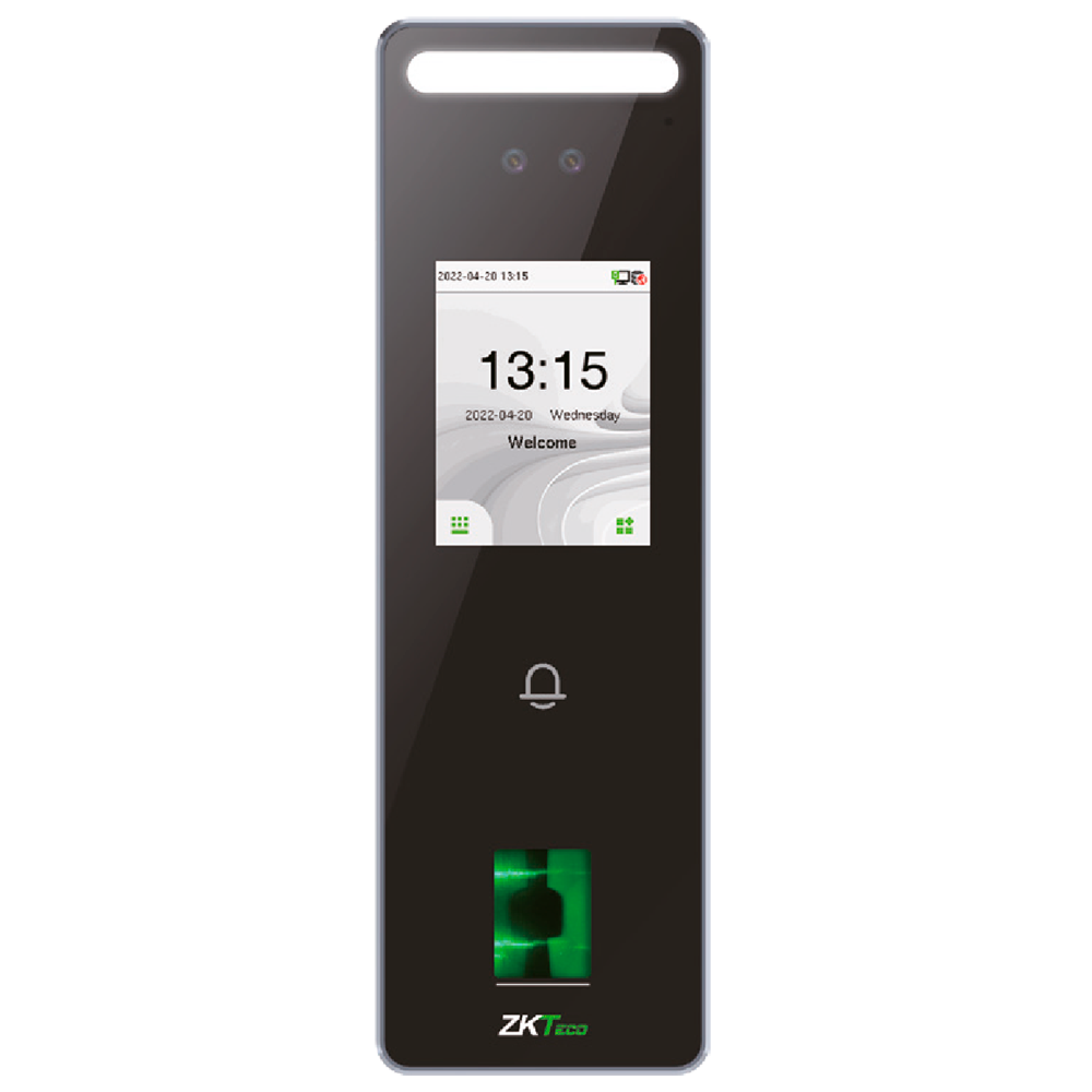 Controllo accessi e presenze - Riconoscimento Facciale, impronta digitale, scheda EM e PIN - 3.000 impronte | 200.000 registri - Display 2.4" TFT tattile | TCP/IP e WiFi - Adatto per esterni IP65 - Compatibile con i software ZKTeco