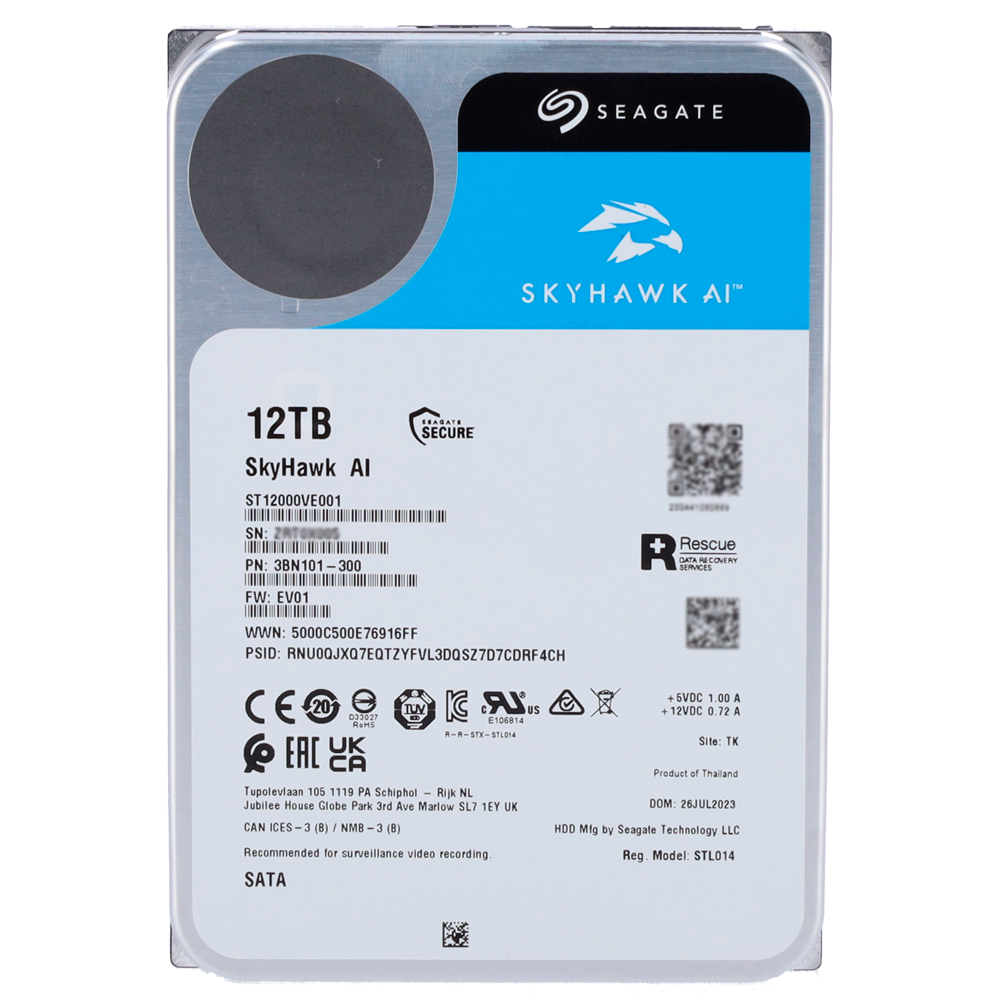 Hard Disk Seagate Skyhawk AI - Capacità 12 TB - Interfaccia SATA 6 GB/s - Fino a 32 trasmissioni di intelligenza artificiale - Modello ST12000VE001 - Speciale per videoregistratore di rete (NVR)