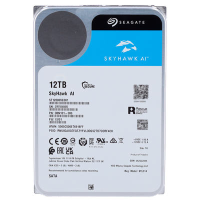 Hard Disk Seagate Skyhawk AI - Capacità 12 TB - Interfaccia SATA 6 GB/s - Fino a 32 trasmissioni di intelligenza artificiale - Modello ST12000VE001 - Speciale per videoregistratore di rete (NVR)