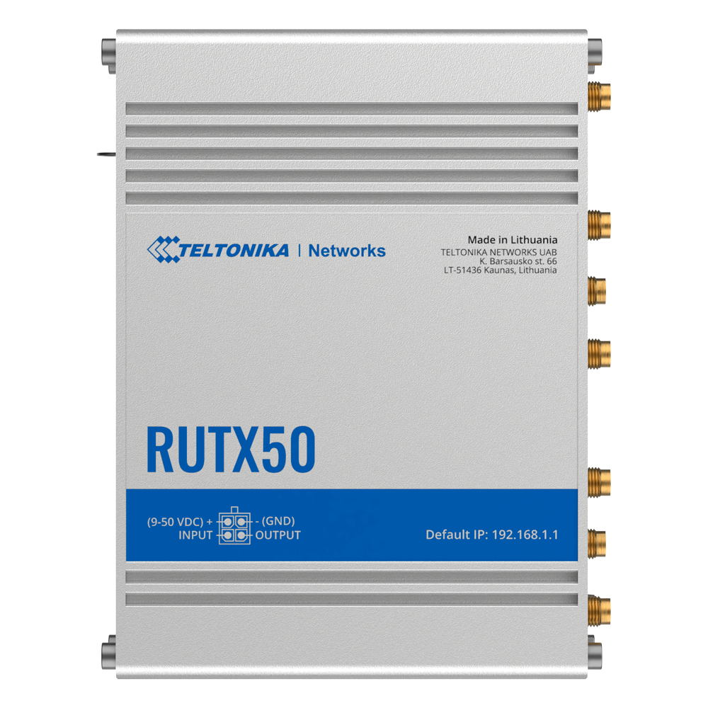 Teltonika Router 5G Industrial - 5G Sub-6Ghz SA/NSA 2.1/3.3Gbps DL 900/600 Mbps U - Doble Módem Dual SIM - Wi-Fi 5 - Posicionamiento GNSS - 5 puertos Ethernet RJ45 Gigabit