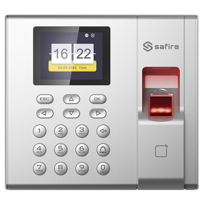 Control de acceso y presencia - Huella, Tarjeta MF y Teclado - 1.000 registros / 100.000 registros - TCP/IP, USB, USB, modo presencia - Controlador integrado (relé y timbre) - Software Safire Control Center AC