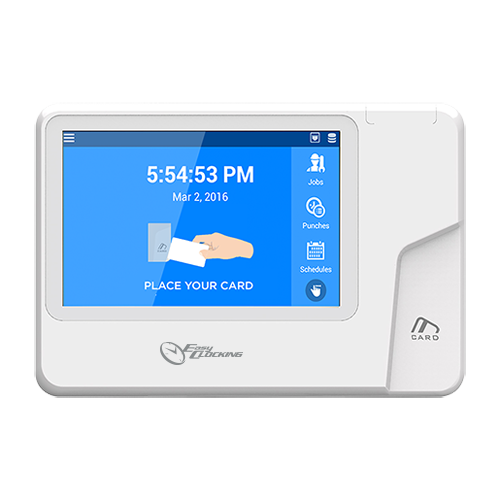 Time and Attendance Control - EM RFID cards and keyboard - 1,000 users / 1,000,000 registers - WiFi, TCP/IP, USB and Wiegand and PoE - 5.0" touch screen - EasyClocking cloud software not included.