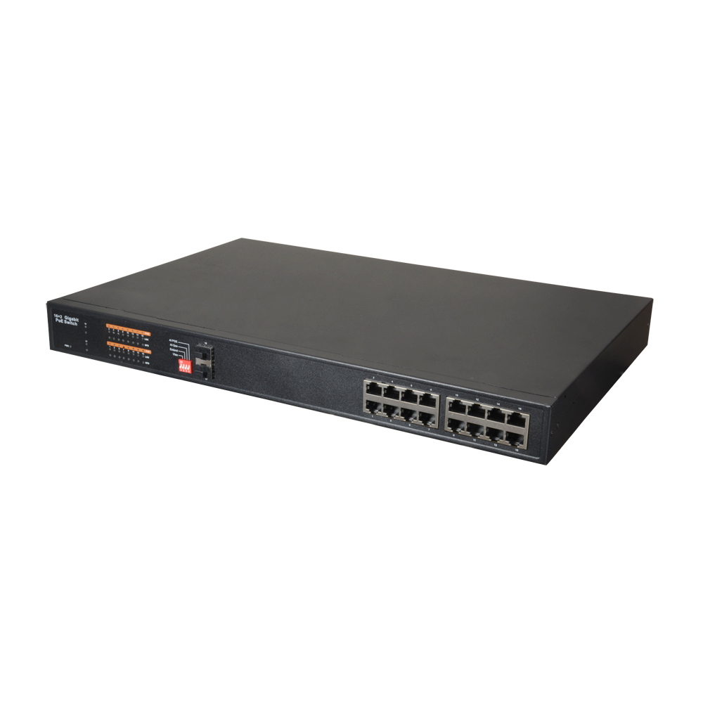Switch PoE Gigabit - 16 porte PoE + 2 porte SFP - Velocità 10/100/1000 Mbps - Potenza 30 W per porta - Potenza massima totale 250 W - Standard IEEE802.3af (PoE) / a (PoE+)