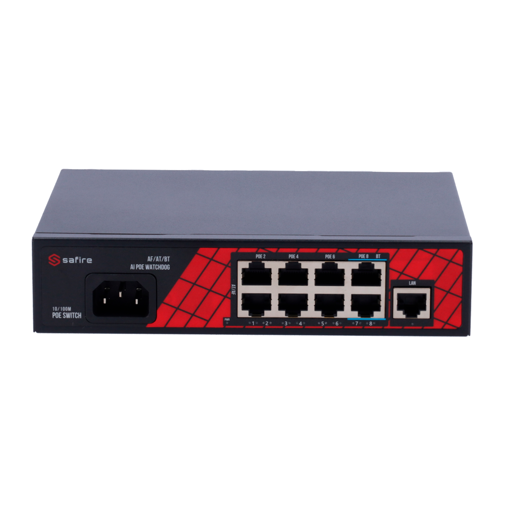 Safire Switch Hi-PoE - 8 puertos PoE + 1 Uplink RJ45 - Velocidad de puertos 10/100Mbps - 6 Puertos PoE+ 30W + 2 Puertos Hi-PoE 60W - Potencia PoE total de 120W - PoE Watchdog / Auto PoE Extendido Hasta 250m