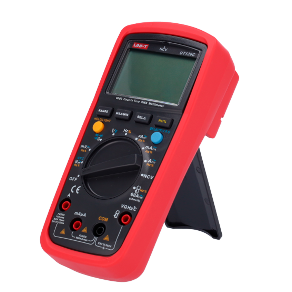 Multímetro digital CAT III - Pantalla LED hasta 6000 cuentas - Medición de voltaje DC y AC hasta 600V - Medición de intensidad DC y AC hasta 10A - Alta precisión AC con función True RMS - Medición de resistencia, capacitancia y frecuencia