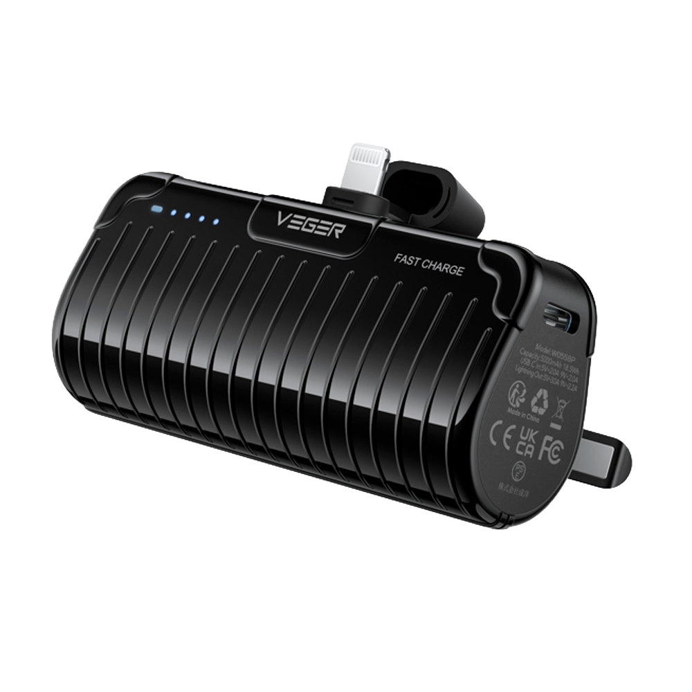 VEGER - Mini Power bank con indicatore di ricarica a LED - Capacità 5000mAh - Ricarica veloce PD20W - Ingresso USB-C, Uscita connettore Lightning - Carica 1 dispositivo | Supporto pieghevole