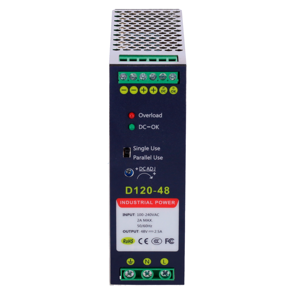 Fonte di alimentazione commutata - uscita DC 48 V 2.5 A / 120 W - 2 uscite - Voltaggio in entrata 100 V ~ 240 V - 123.5 (Al) x 41 (La) x 110.3 (Lu) mm - Montaggio su guida DIN