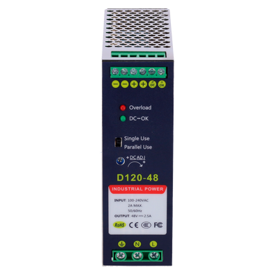 Fonte di alimentazione commutata - uscita DC 48 V 2.5 A / 120 W - 2 uscite - Voltaggio in entrata 100 V ~ 240 V - 123.5 (Al) x 41 (La) x 110.3 (Lu) mm - Montaggio su guida DIN