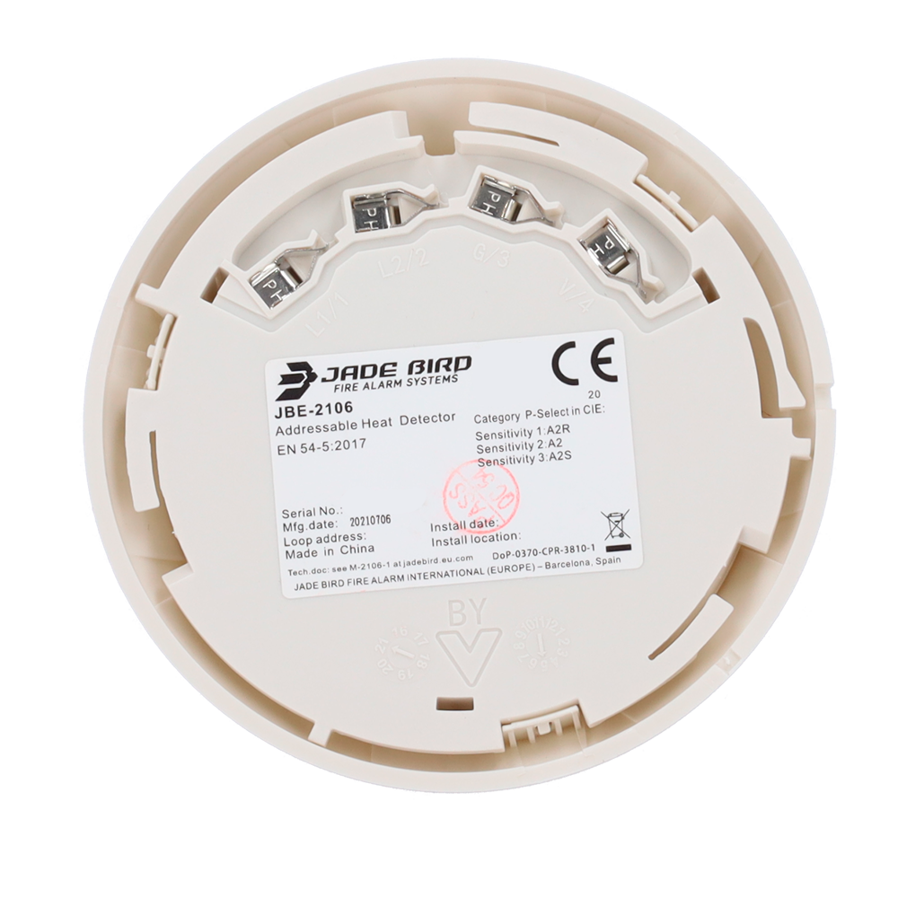 Rilevatore termico convenzionale Jade Bird - Sensibilità e classe regolabili (A2R, A2, A2S) - LED con visione 360° - Uscita indicatore remoto - Non include base - Certificato EN 54-5