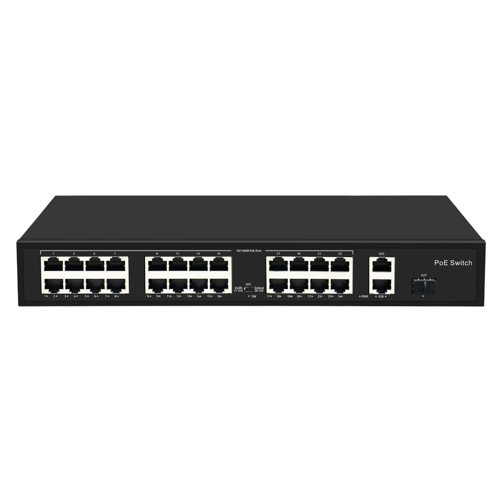 Switch PoE - 24 porte PoE + 2 Gigabit Port + 1 SFP Gigabit - Velocità 10/100 Mbps - Fino a 300 W in totale - Portata fino a 250m (Porte 9-24) - Norma IEEE802.3at (PoE) / af (PoE+)