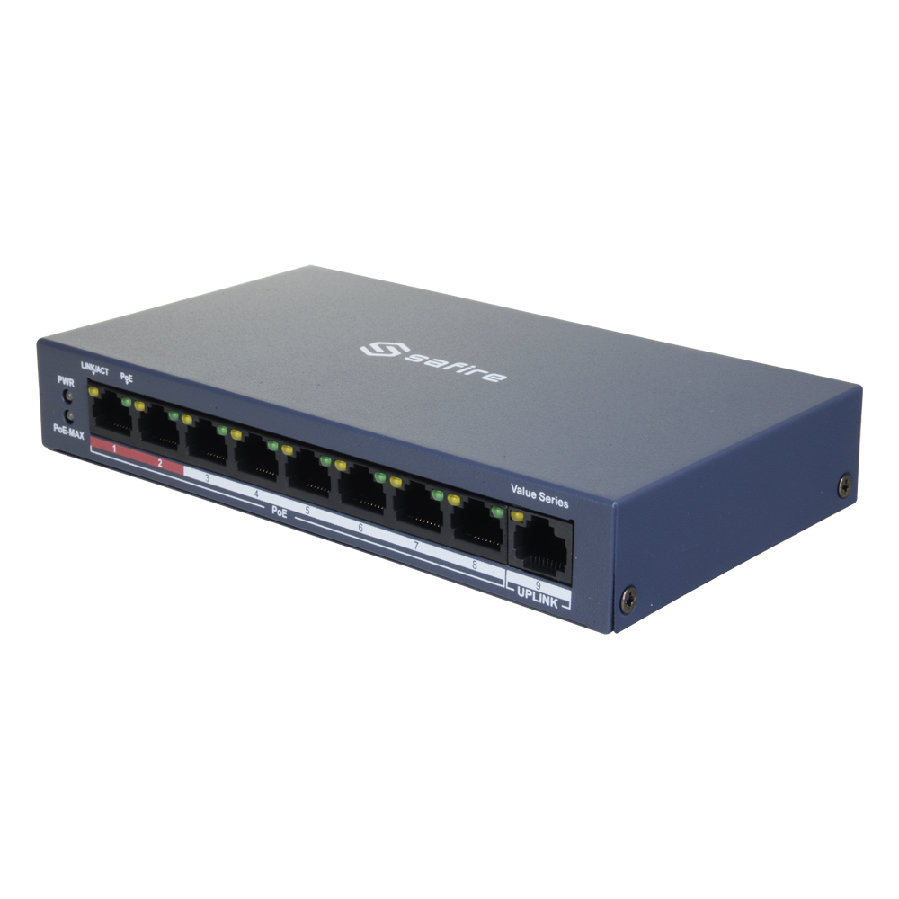 Switch PoE - 8 porte PoE + 1 Uplink RJ45 - Velocità 10/100 Mbps - A 60 W in totale per tutte le porte - 2 Porte Hi-PoE - Norma IEEE802.3af (PoE)