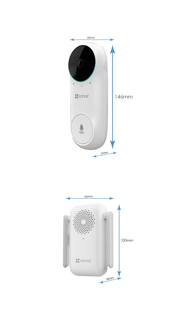 Campanello con video WiFi IP Ezviz - Telecamera 2Mpx / Visione 160º - Audio / Cicalino interno incluso - Rilevamento PIR di persone - Monitoraggio tramite app - App Ezviz e connessione P2P