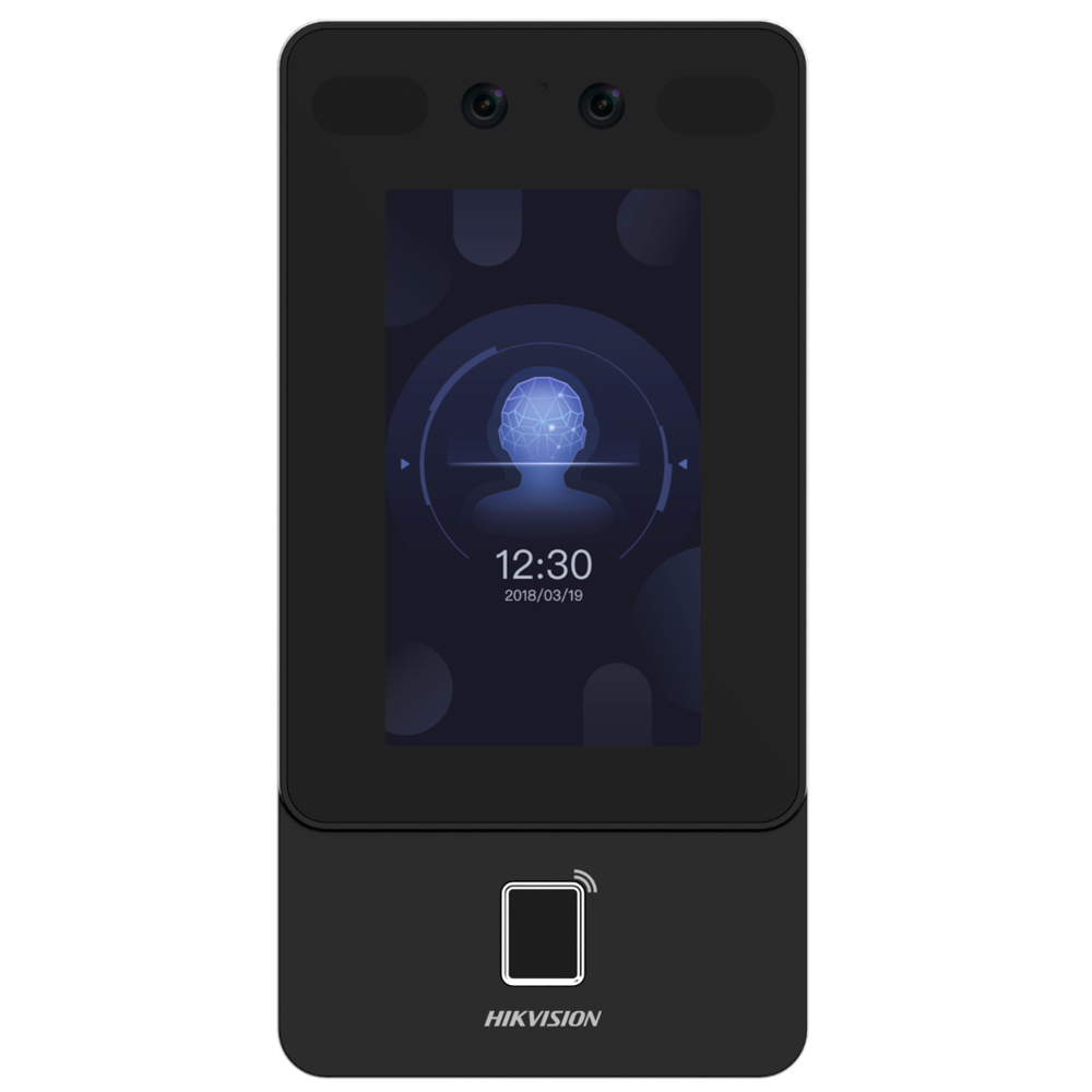 Controllo accessi e presenza PoE - Riconoscimento Facciale, impronta digitale, scheda MF, QR e PIN - 1.500 utenti | 150.000 registri - TCP/IP, WiFi, USB, RS485 e Wiegand | IP65 - Controller integrato (sensore, pulsante e relè) - iVMS-4200 | Hik-Connect