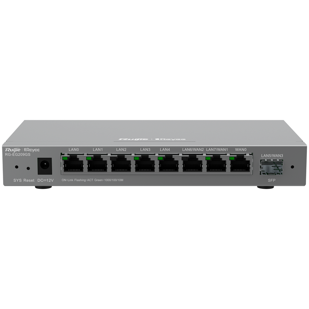 Controlador de enrutador Reyee administrado - 8 puertos RJ45 10/100 /1000 Mbps - 1 puerto SFP LAN/WAN - Admite hasta 4 WAN para conmutación por error o equilibrio - Ancho de banda de hasta 600 Mbps - IPSec, L2TP, servidor VPN PPTP, OpenVPN