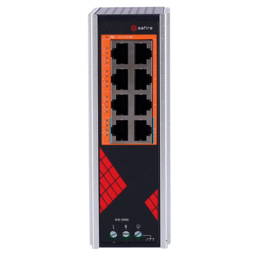 Safire Switch Industrial Alimentación AC 90~264V - 8 puertos Gigabit 10/100/1000Mbps - 6 Puertos PoE+ 30W + 2 Puertos Hi-PoE 60W - PoE Watchdog - Hasta 130W Potencia PoE total - Instalación carril DIN