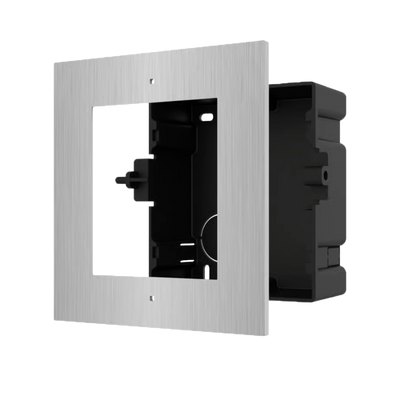 Panel frontal y caja registradora de empotrar - Para 1 módulo - Específico para videoporteros Hikvision - Compatible con módulos Hikvision - Caja de plástico - Panel fabricado en arce inoxidable