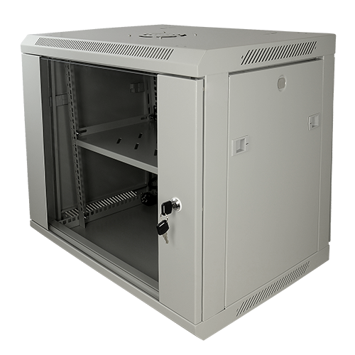 Armario rack de pared - Hasta 9U rack de 19" - Hasta 100 kg de carga - Con ventilación y prensaestopas - Incluye ventilador, bandeja y regleta de 6 tomas - Se entrega desmontado