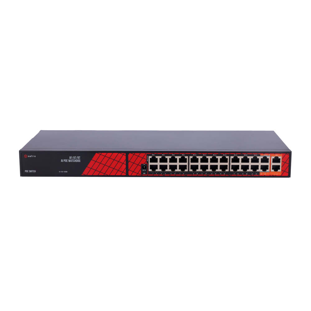 Safire Switch Hi-PoE - 24 Puertos PoE + 2 Uplink RJ45 - Hibrido 22x10/100Mbps + 4x10/100/1000Mbps - 22 Puertos PoE+ 30W + 2 Puertos Hi-PoE 60W - PoE Watchdog - Hasta 300W Potencia PoE total