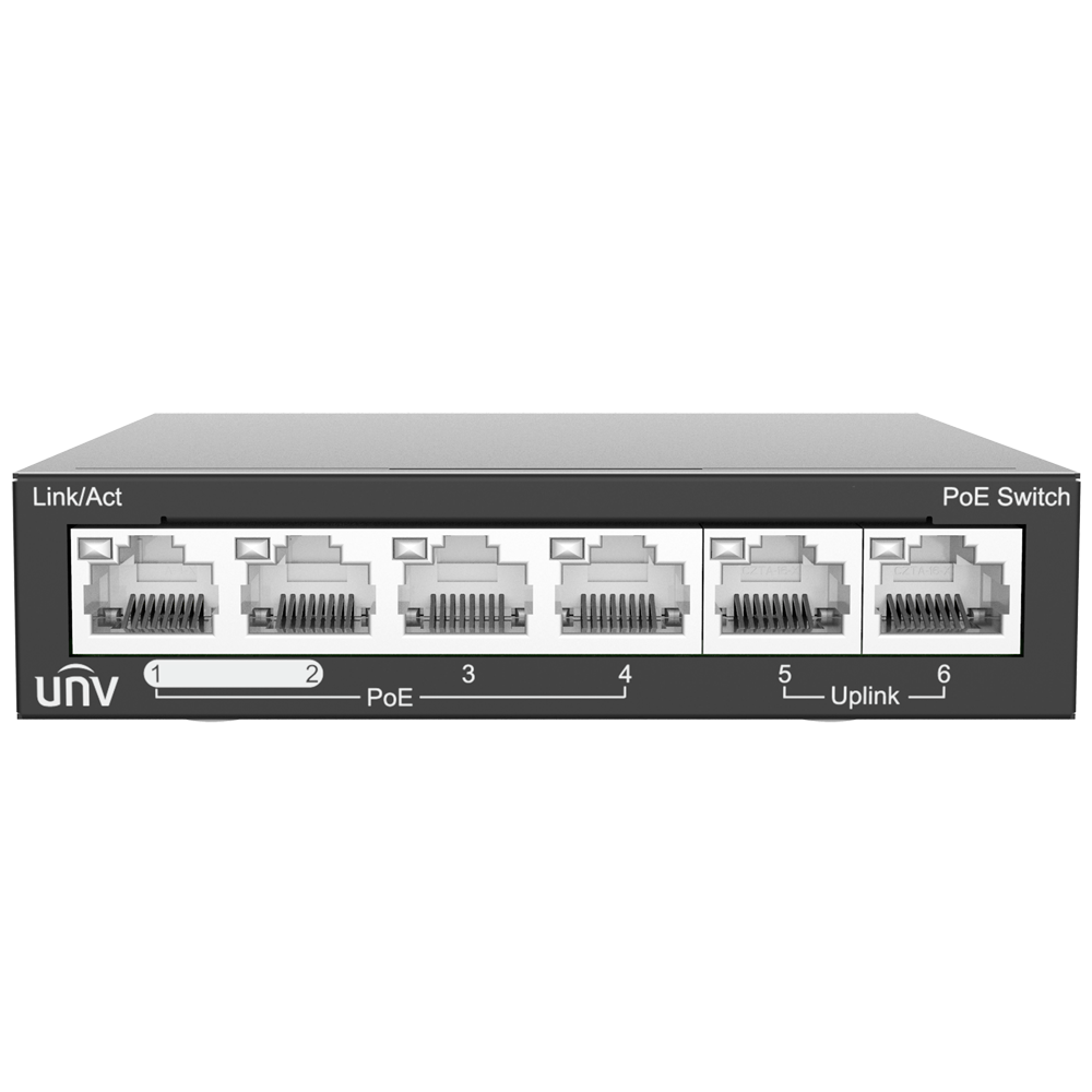 Uniview Switch PoE Sobremesa - 6 Puertos RJ45 10/100Mbps  - 4 Puertos PoE+ 802.3af/at | Potencia total 60W - Modo seguro / Modo VLAN / Modo Extendido  - Alimentable con PoE In - Admite PoE Extendido hasta 250m