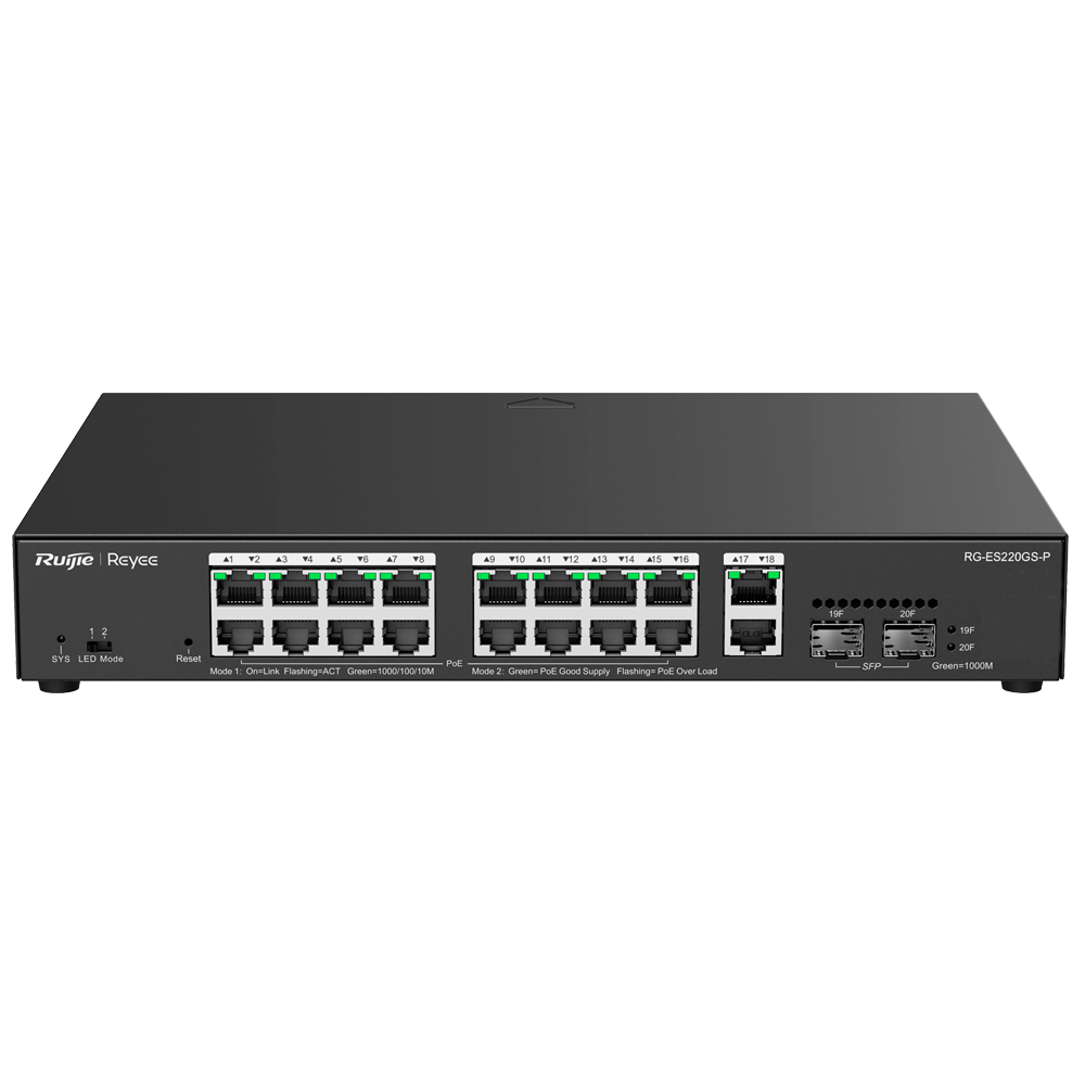 Reyee Switch PoE Cloud Gestionable - 16 PoE 802.3af/at + 2 SFP + 2 uplink RJ45 - 18 RJ45 10/100/1000Mbps + 2 SFP 10/100/1000 - 30W por puerto 802.3af/at / Máximo 250W - VLAN/Port Isolation/Loop Detection - Port Speed Limit