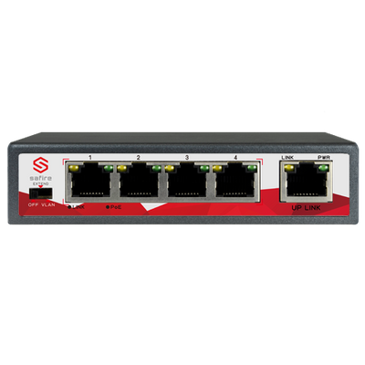 Switch PoE Safire - 4 puertos PoE + 1 Uplink RJ45 - Velocidad 10/100 Mbps - Potencia 30 W por puerto - Potencia máxima total 65 W - Estándar IEEE802.3at (PoE) / af (PoE+)