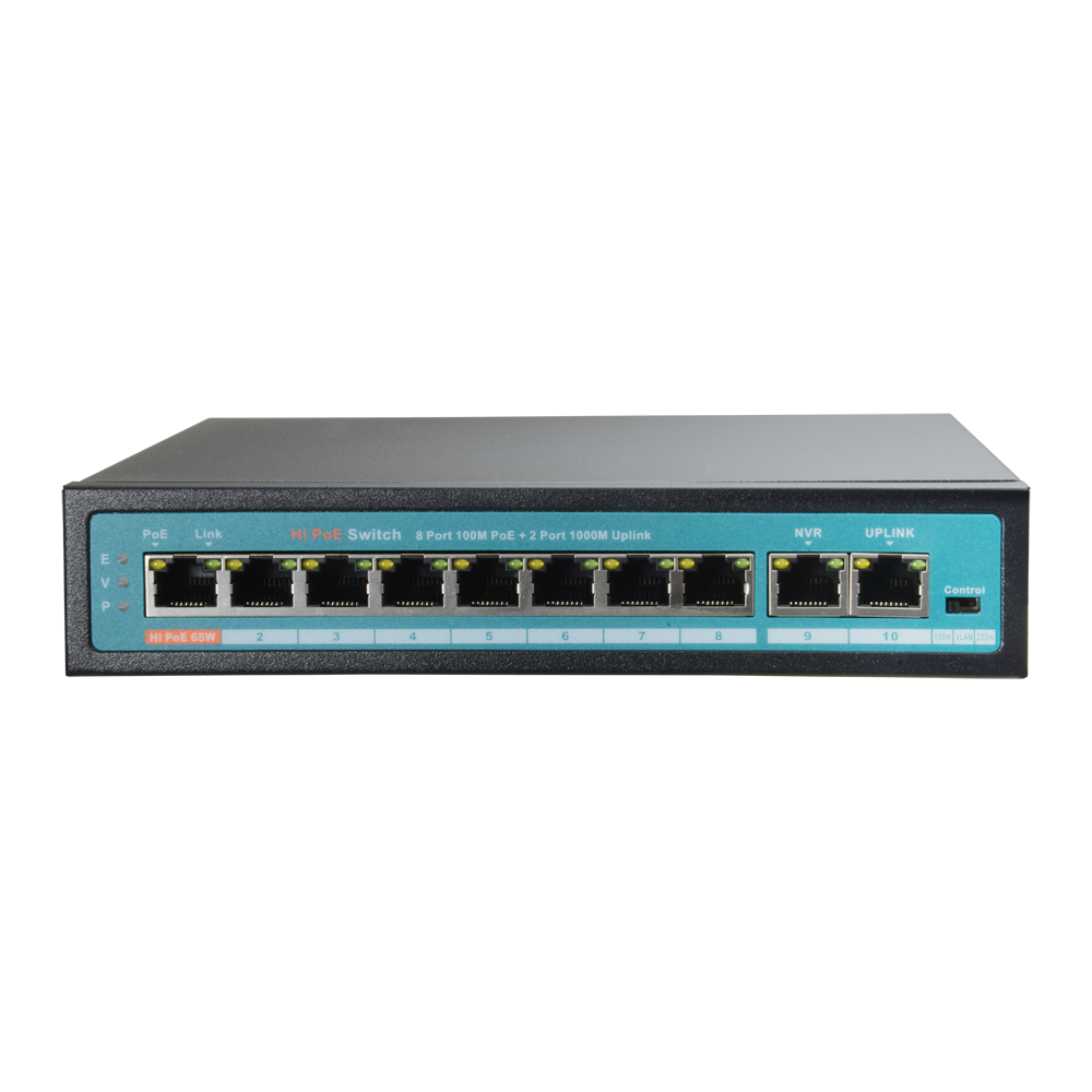 Switch PoE - 8 porte PoE + 2 Uplink GIGA - Velocità della porta 10/100 Mbps - 65W porta 1 / 30W porta 2-8 / Massimo 144W - Modo TVCC fino a 250m a 10Mbps - Hi-PoE / IEEE802.3at (PoE+) / af (PoE+)