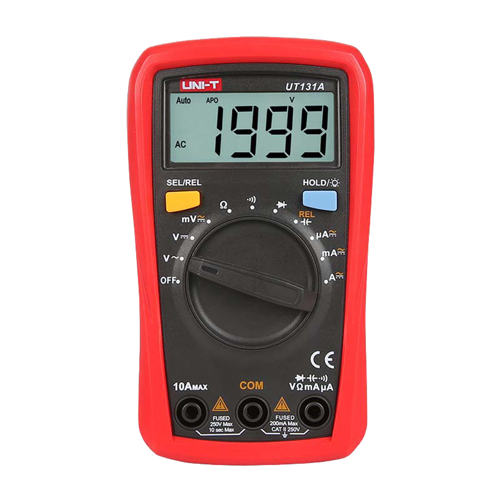 Multimetro digitale portatile LCD - Misurazione della tensione DC e AC fino a 250V - Misurazione dell'intensità DC e AC fino a 10A - Intervallo di misura automatico - Misurazione della resistenza e della capacitanza - Cicalino per test di continuità