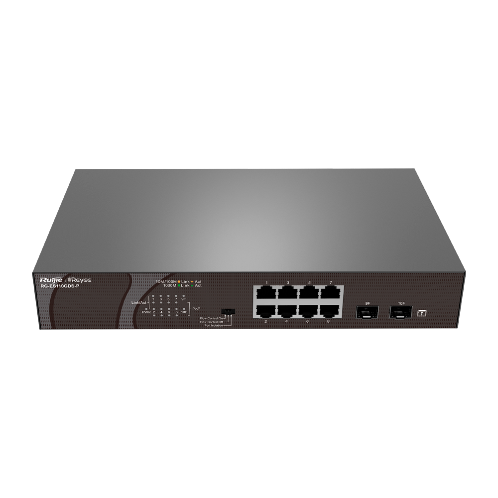 Reyee Switch PoE Sobremesa - 8 Puertos RJ45 + 2 Uplink SFP - 8 Puertos Gigabit + 2 Puertos Gigabit - 8 Puertos PoE+ 802.3af/at | Potencia total 120W - Aislado de Puertos / Flow Control - Plug and Play