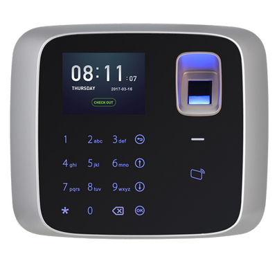 Terminale di controllo della presenza e accesso semplice - Impronte digitali e tastiera - Lettore di schede MF 13.56 MHz - 3.000 impronte digitali / 150.000 record - TCP/IP e USB - Compatibile con Smart-PSS