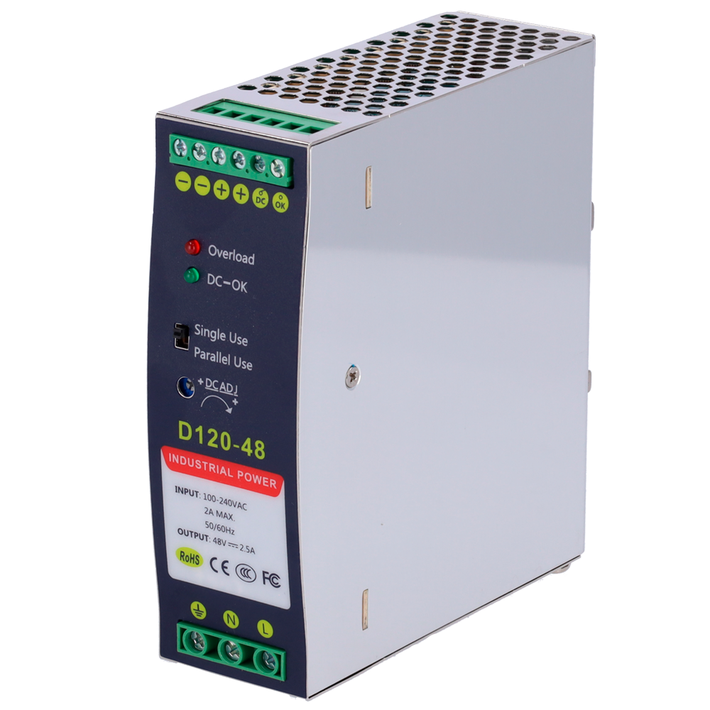 Fonte di alimentazione commutata - uscita DC 48 V 2.5 A / 120 W - 2 uscite - Voltaggio in entrata 100 V ~ 240 V - 123.5 (Al) x 41 (La) x 110.3 (Lu) mm - Montaggio su guida DIN