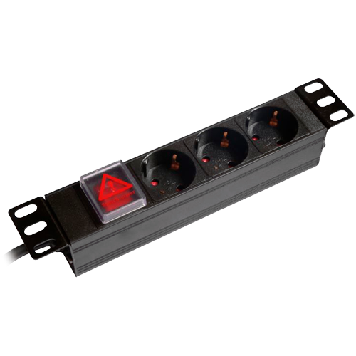 Power strip - Designed for standard 10" racks - 1U rack format - 3 outputs up to 250VAC / 16A max. - On/off switch - Overload reset button