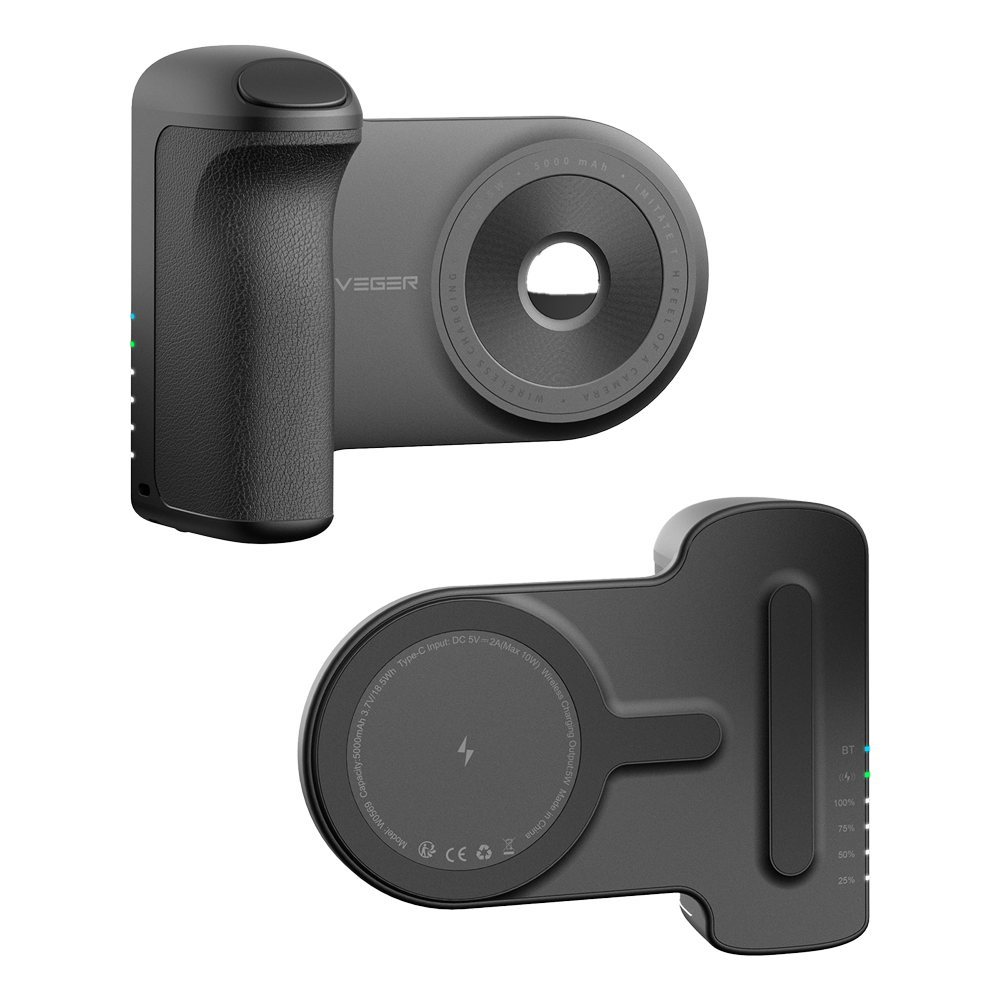 VEGER - SnapCam Power bank magnetico y inalámbrico - Capacidad 5000mAh - Conexión Bluetooth con el móvil - Soporte en posición vertical y horizontal - Entrada USB-C, Salida Inalámbrica