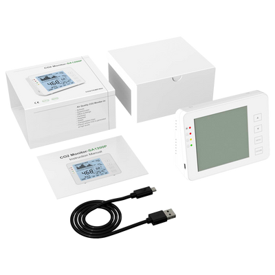 Misuratore di CO2, temperatura e umidità - Con allarme visivo e acustico programmabile dall'utente - Registrazione del valore massimo/minimo - Intervallo di misura di CO2 0~5000 ppm - Capacità di memorizzare dati fino a 1 settimana - Alimentazione tramite
