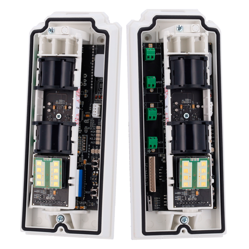Rilevatore da esterno cablato Duevi - Doppio PIR e microonde (24 GHz) - Rilevamento 15 m / Antimasking / Pet immunity - Alimentazione 9.6 ~ 14.5 VDC - Compatibile con i sistemi di allarme cablati - Uso esterno IP54 / Antivandalo IK10