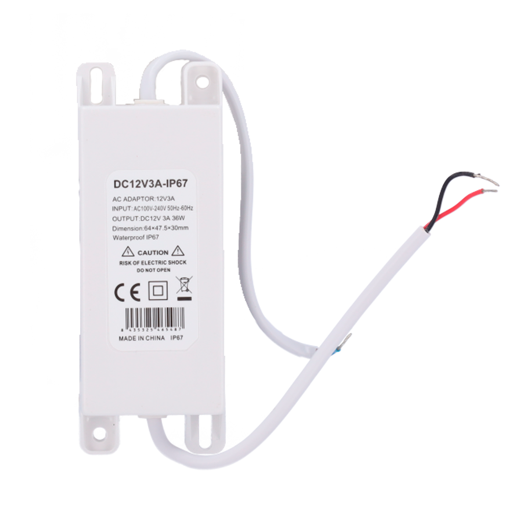 Alimentatore - Uscita DC 12 V 3 A - Uscita AC 230V 50Hz - Impermeabile IP67 - Protezione: Sovraccarico/Sovratensione/Sovratemperatura - Colore nero