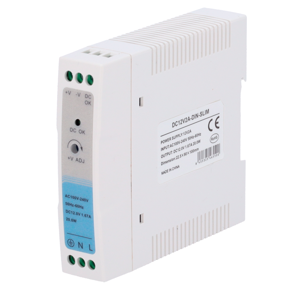 Power supply - DC 12 V 1.67 A / 20 W output - Input voltage 100-240VAC 50/60Hz - 23 x 100 x 92 mm - DIN rail mounting - Protection: Overload/Overvoltage/Short circuit