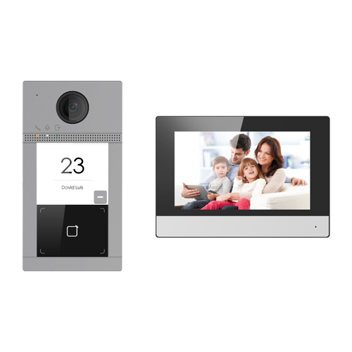 Kit Videocitofono con due relè - Tecnologia IP e WiFi - Include Piastra, Monitor e Switch PoE - Lettore MF | PoE standard - App cellulare con P2P - Montaggio a superficie IP65, IK08