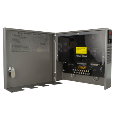 Scatola di distribuzione di alimentazione - 1 ingresso AC 110 V ~ 220 V - 9 uscite con doppino rame - Fusibile di protezione ripristinabile - Voltaggio d'uscita 12 V / 120 W - Housing in metallo grigio