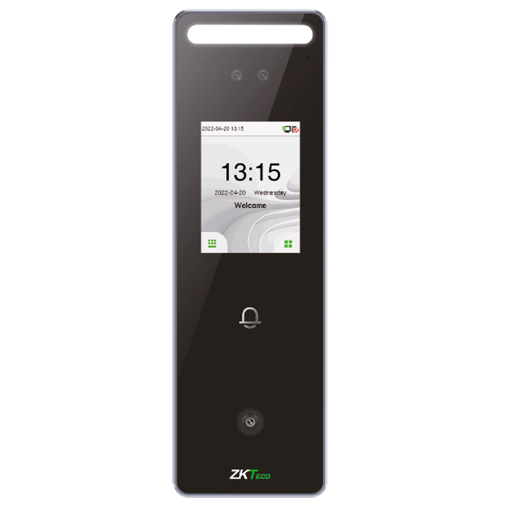 Control de acceso y asistencia - Reconocimiento facial, tarjeta EM, QR y PIN - 3.000 códigos QR | 200.000 registros - Pantalla táctil TFT de 2,4" | TCP/IP y WiFi - Apto para exterior IP65 - Compatible con software ZKTeco