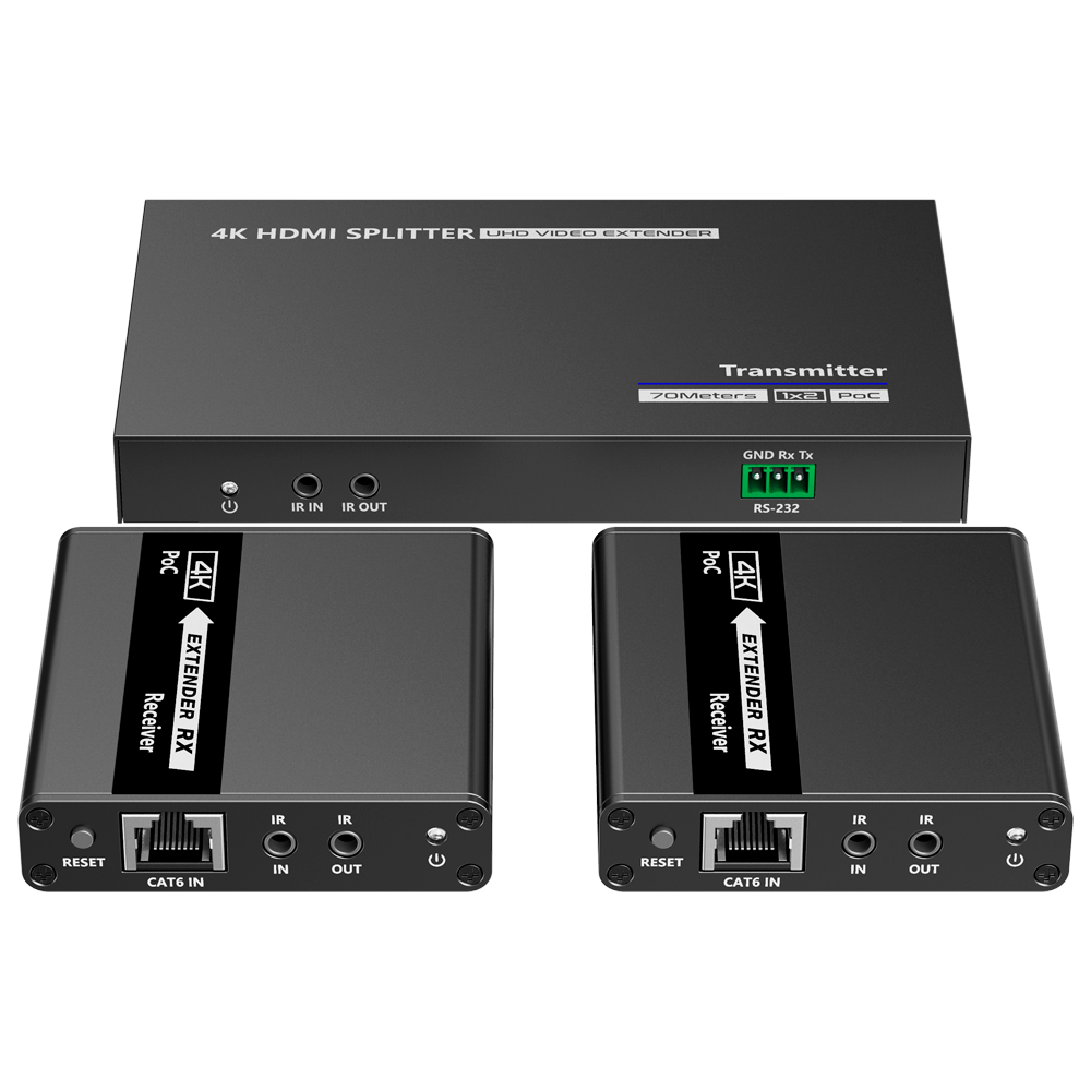 Splitter-Extensor HDMI 1x2 - 1 transmisor / 2 receptores - Resolución hasta 4K@30Hz - Alcance hasta 70m - Sobre cable UTP CAT6/6A/7 - Control RS232