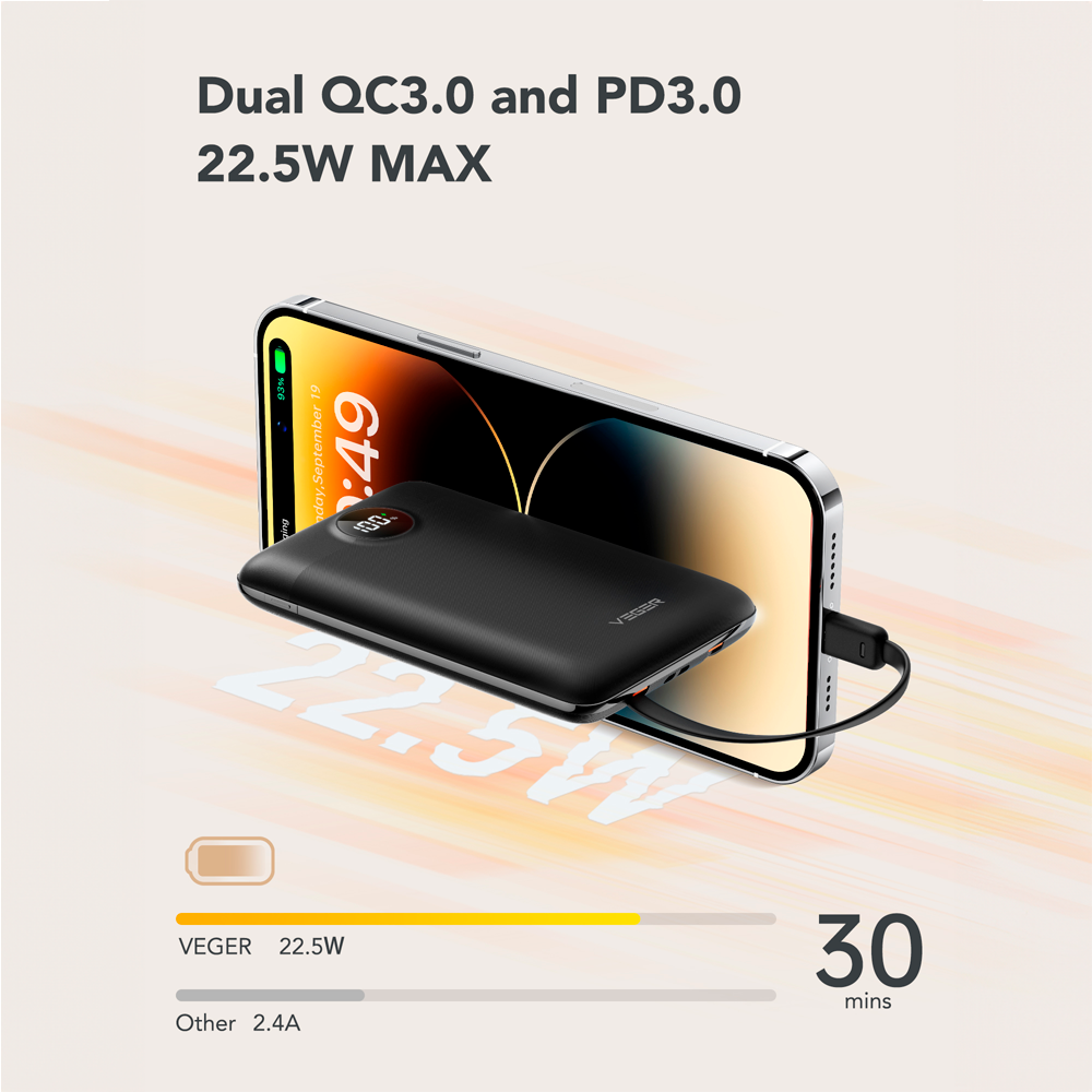 VEGER - Power bank con display LCD - Capacità 10000mAh - Ricarica veloce 22.5W - Cavi integrati - Ricarica di 4 dispositivi contemporaneamente