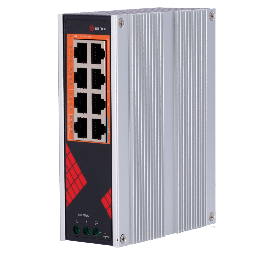 Safire Switch Industrial Alimentación AC 90~264V - 8 puertos Gigabit 10/100/1000Mbps - 6 Puertos PoE+ 30W + 2 Puertos Hi-PoE 60W - PoE Watchdog - Hasta 130W Potencia PoE total - Instalación carril DIN