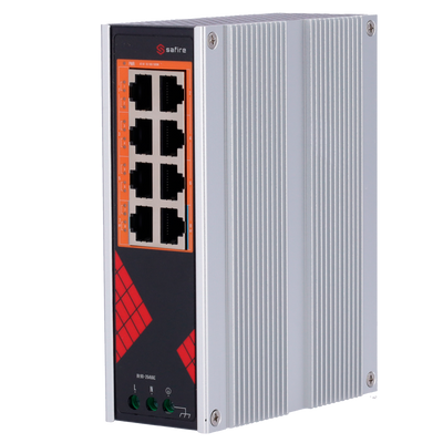Safire Switch Industrial Alimentación AC 90~264V - 8 puertos Gigabit 10/100/1000Mbps - 6 Puertos PoE+ 30W + 2 Puertos Hi-PoE 60W - PoE Watchdog - Hasta 130W Potencia PoE total - Instalación carril DIN