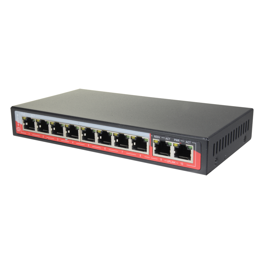 Switch PoE - 8 porte PoE + 2 Uplink RJ45 - Velocità 10/100 Mbps - Funzioni: Ai VLan/QOS/CCTV Extend/PoE - Standard IEEE802.3af (PoE) / a (PoE+) - Fino 96W in totale per tutte le porte