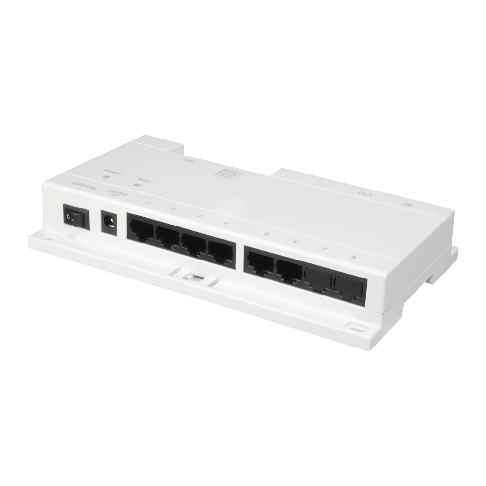 Switch PoE specifico - 6 porte di uscita IP - Connessione RJ45 IN/OUT Ethernet - TCP / IP con RJ45 - Alimenta videocitofoni IP - Montaggio in superficie o traccia