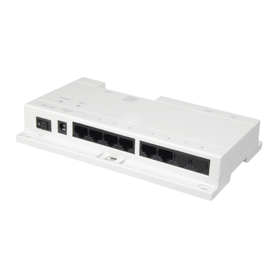 Switch PoE específico - 6 puertos de salida IP - Conexión Ethernet RJ45 IN/OUT - TCP/IP con RJ45 - Alimenta videoporteros IP - Montaje en superficie o carril